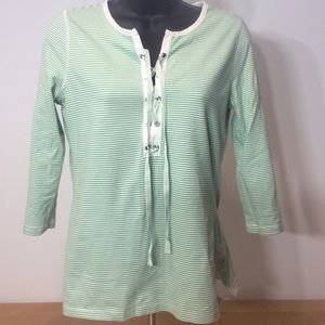 LOFT striped cotton green and white top 3/4 sleeve tee top
